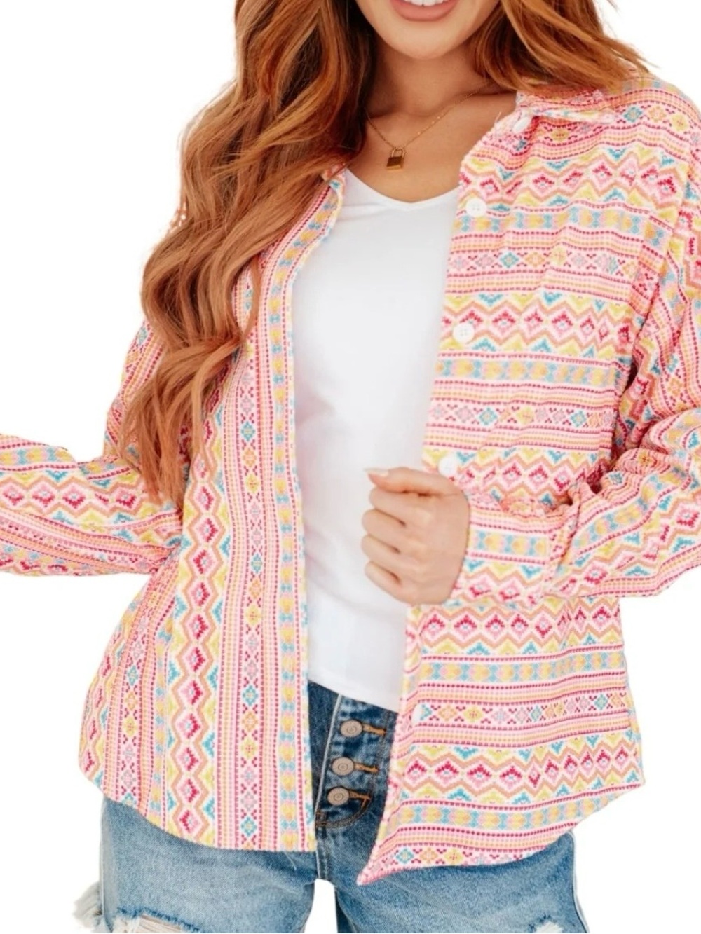 Savanna Jane Pink Multi-Color Patterned Button-Down Shirt Jacket
